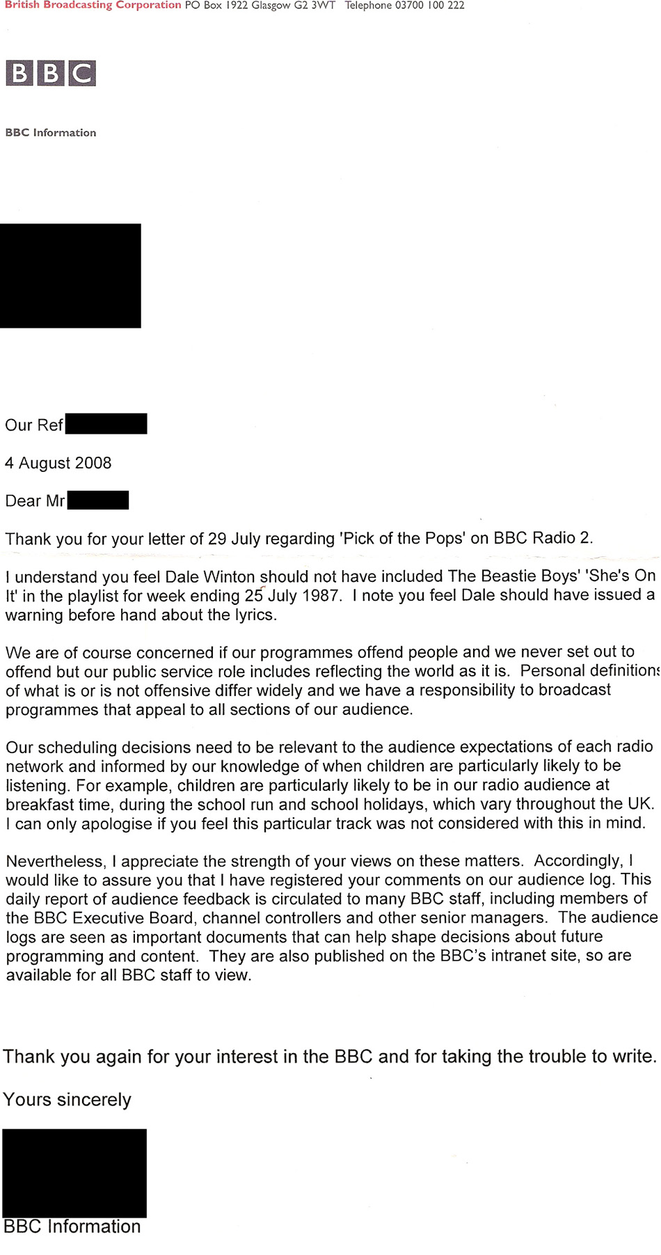 the BBC's bug letter